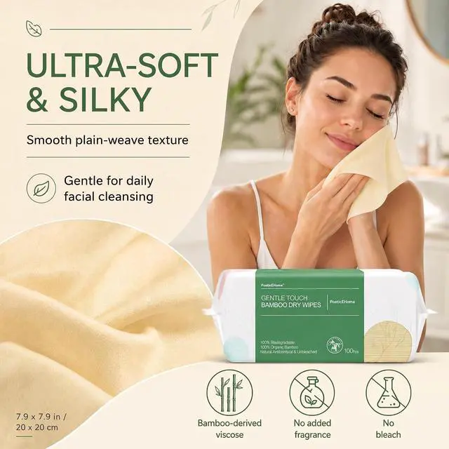 Alt view image 2 of 6 - PoeticEHome Face Towels Disposable, Ultra Soft Clean Dry Wipes | Hypoallergenic & Biodegradable Cleansing Tissue Cloth for Sensitive Skin, Unscented & Unbleached, 100 Count