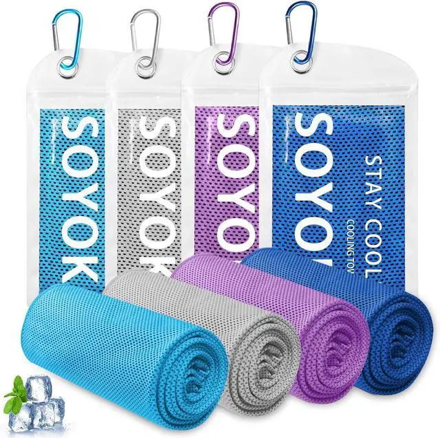 Main image of SOYOK 4 Packs Cooling Towels, 40" x 12" Cooling Towels for Neck and Face | High-density microfiber,Soft Breathable,Portable,Reusable, Waterproof Bag,Carabiner,for Running, Yoga, Travel, Climb