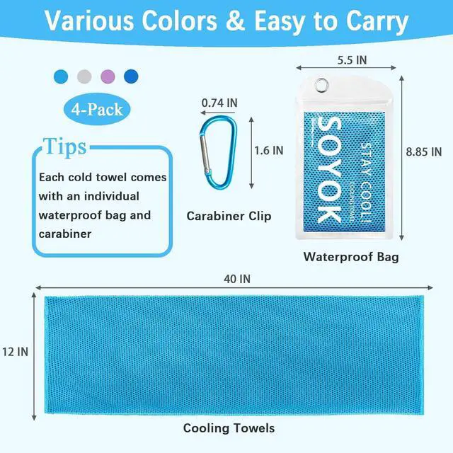 Alt view image 7 of 7 - SOYOK 4 Packs Cooling Towels, 40" x 12" Cooling Towels for Neck and Face | High-density microfiber,Soft Breathable,Portable,Reusable, Waterproof Bag,Carabiner,for Running, Yoga, Travel, Climb