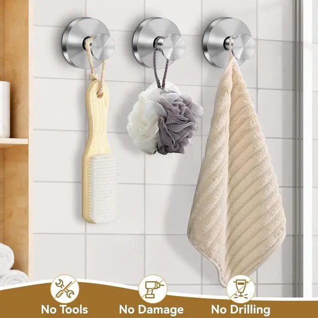 Alt view image 3 of 7 - TACGEA Suction Cup Hooks for Shower, Removable Towel Hooks for Bathroom Window Glass, Powerful Vacuum Shower Hook for Towel, Robe, Loofah - 4 Pack, Sliver
