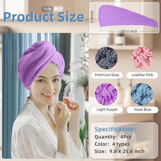 Alt view image 2 of 7 - Amrules Hair Towel Wrap, 4 Packs Turbans for Wet Hair, 9.8" x 25.6" | Includes 4 Shades Dry Hair Towel, Headbands for Curly and Long Hair - Bathroom Must-Have for Ladies