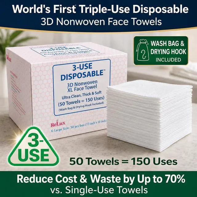 Alt view image 2 of 7 - 3D Nonwoven Face Towels-XL 13x10, 50Cts=150 Uses, Cut Waste & Cost 70%, Ultra-Clean, Soft & Durable, Dual-Surface: Cleanse, Exfoliate, Includes Wash Bag & Hook