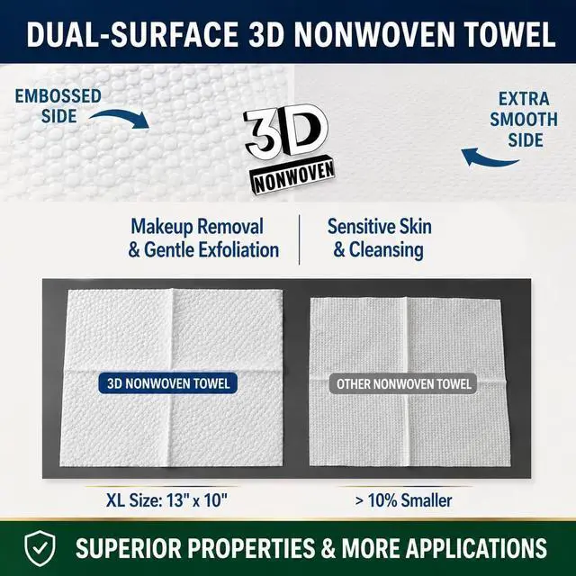 Alt view image 3 of 7 - 3D Nonwoven Face Towels-XL 13x10, 50Cts=150 Uses, Cut Waste & Cost 70%, Ultra-Clean, Soft & Durable, Dual-Surface: Cleanse, Exfoliate, Includes Wash Bag & Hook