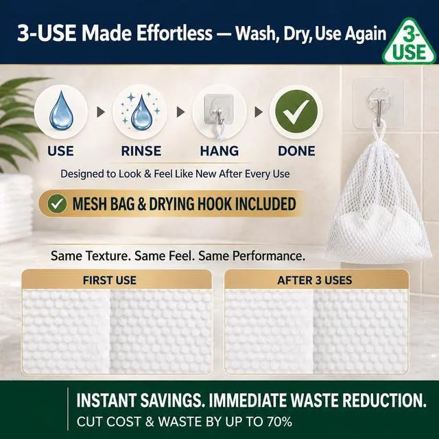 Alt view image 5 of 7 - 3D Nonwoven Face Towels-XL 13x10, 50Cts=150 Uses, Cut Waste & Cost 70%, Ultra-Clean, Soft & Durable, Dual-Surface: Cleanse, Exfoliate, Includes Wash Bag & Hook