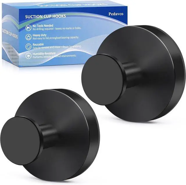 Main image of Suction Cup Hooks, No Drill, Heavy Duty Stainless Steel for Shower Towels | Works on tile, glass, and other smooth surfaces in kitchen and bathroom. Holds towels, robes, loofahs. Matte Black, 2 Pack