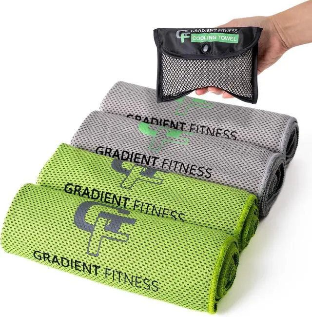 Main image of Gradient Fitness Cooling Towels (4 Pack) - Breathable Sweat Towel, Cooling Towel for Neck & Face - Neck Cooler for Quick Cool Down for Gym, Running, Golf, Yoga, Camping & Sports (Green|Grey, 4)