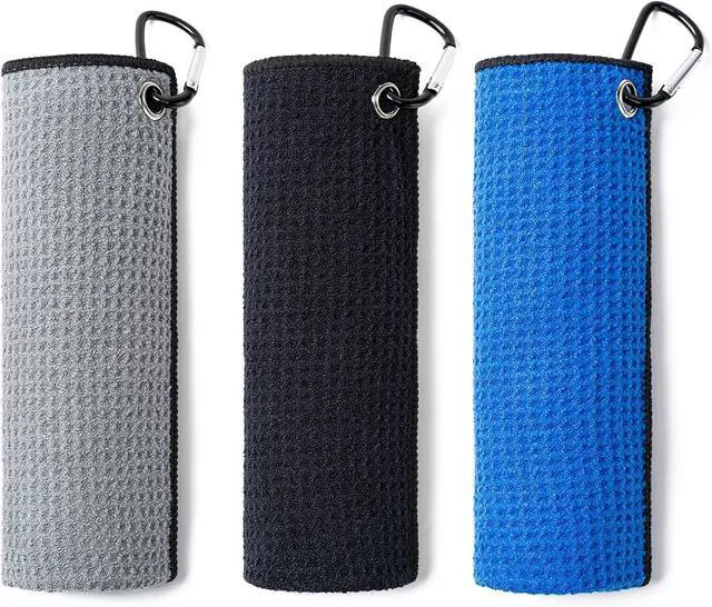 Main image of Husfunov 3 Pack Golf Towels(16" X 16") with Carabiner Clip | Microfiber Fabric Waffle Pattern Towels for Golf Bags,Tri-Fold Portable Towels for Men Women,Blue/Black/Gray