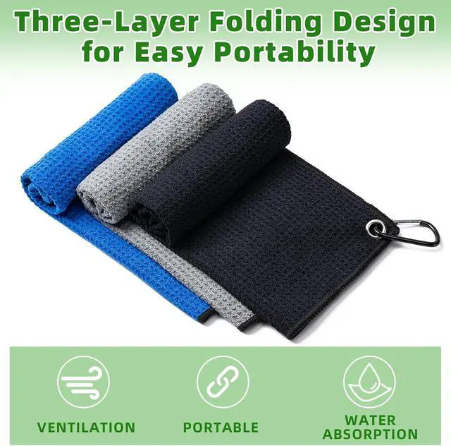 Alt view image 5 of 6 - Husfunov 3 Pack Golf Towels(16" X 16") with Carabiner Clip | Microfiber Fabric Waffle Pattern Towels for Golf Bags,Tri-Fold Portable Towels for Men Women,Blue/Black/Gray