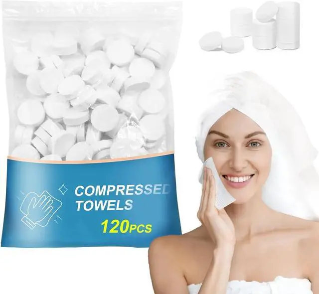 Main image of 120PCS Compressed Towel Tablets - Disposable Face Towels for Travel | Portable Coin Tissues Expand with Water for Facial Cleansing, Hand Wiping, Camping, Hotels, Outdoor Trips and Daily Use