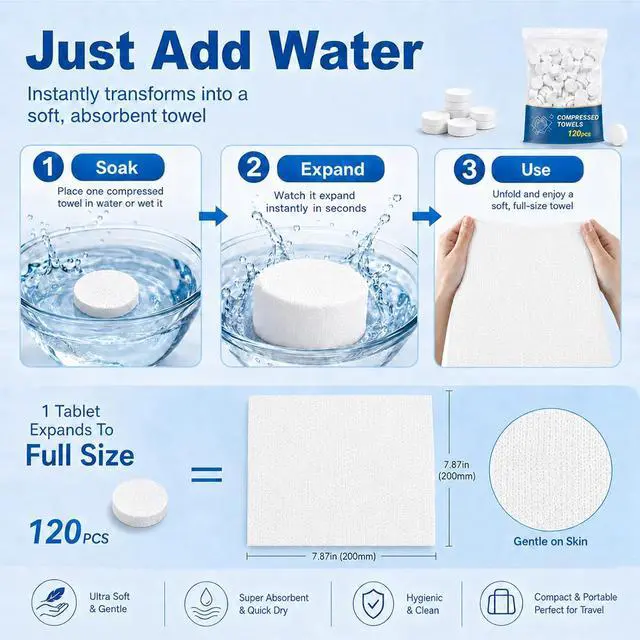 Alt view image 3 of 7 - 120PCS Compressed Towel Tablets - Disposable Face Towels for Travel | Portable Coin Tissues Expand with Water for Facial Cleansing, Hand Wiping, Camping, Hotels, Outdoor Trips and Daily Use