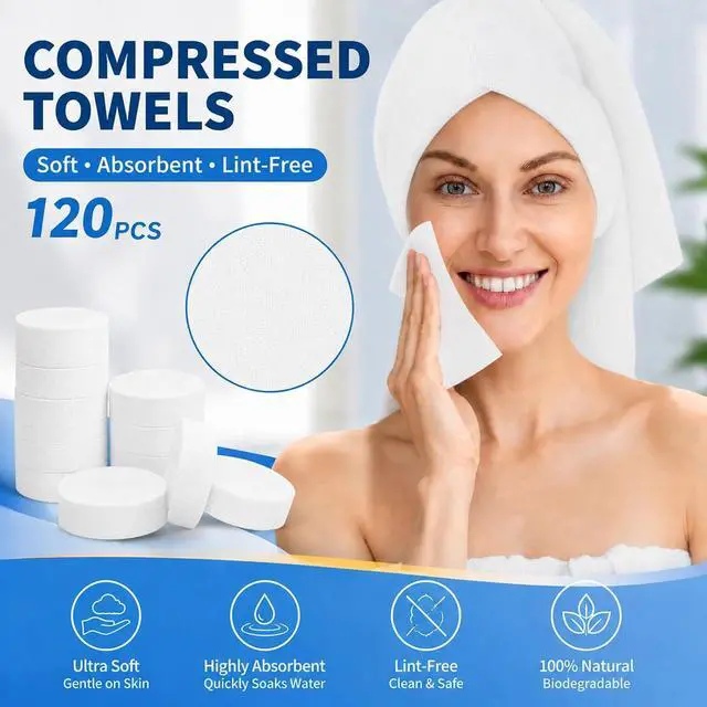 Alt view image 2 of 7 - 120PCS Compressed Towel Tablets - Disposable Face Towels for Travel | Portable Coin Tissues Expand with Water for Facial Cleansing, Hand Wiping, Camping, Hotels, Outdoor Trips and Daily Use