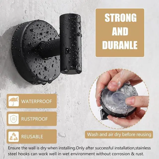 Alt view image 7 of 7 - Towel Hooks Shower Suction Hook Towel Hanger for Bathroom Hanging Coat, Robe, Removable Wall Mounted Hook for Bedroom Kitchen Hotel Pool Matte Black(2-Pack)