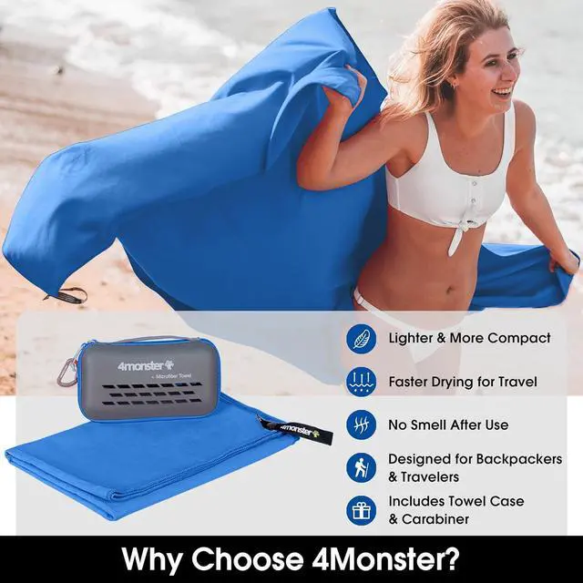 Alt view image 2 of 7 - 4Monster Quick Dry Travel Towel with Case & Carabiner Super Absorbent Microfiber Gym & Camping Towel. Compact, Lightweight, Fast Drying for Beach, Swimming, Hiking, Backpacking