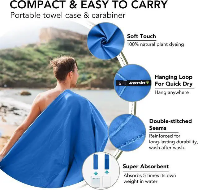 Alt view image 3 of 7 - 4Monster Quick Dry Travel Towel with Case & Carabiner Super Absorbent Microfiber Gym & Camping Towel. Compact, Lightweight, Fast Drying for Beach, Swimming, Hiking, Backpacking
