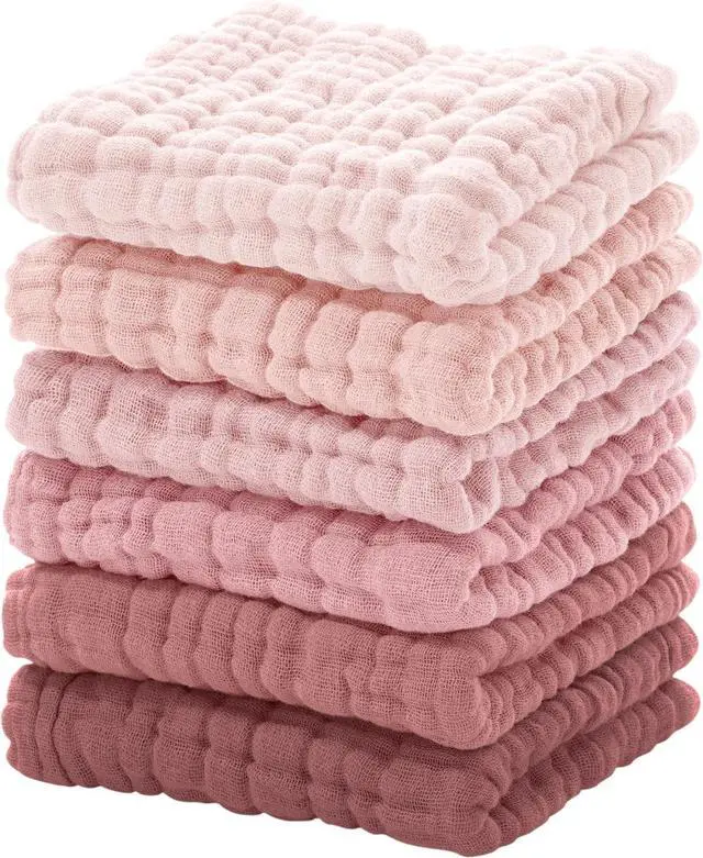 Main image of Looxii Muslin Baby Washcloths 6 Pack, 100% Cotton Baby Wash Cloths for Baby Face Body, 12x12 inches Large Soft Absorbent Face Towels for Newborns Gradient Pink
