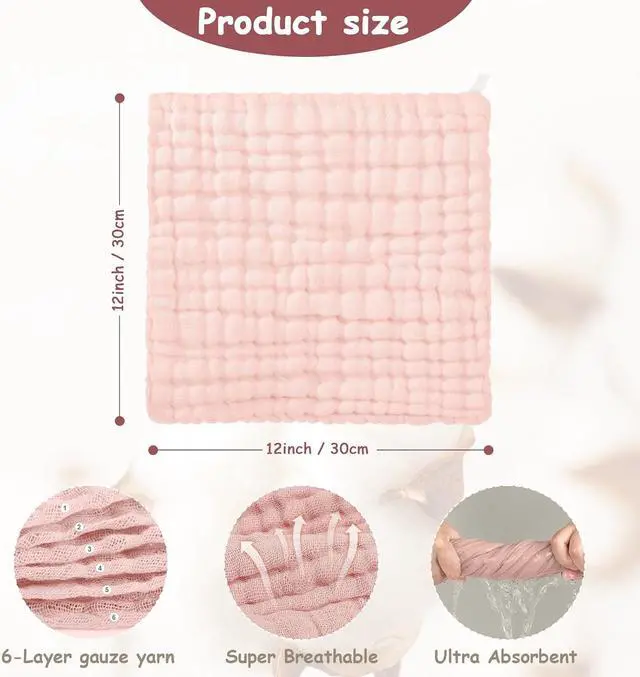Alt view image 5 of 7 - Looxii Muslin Baby Washcloths 6 Pack, 100% Cotton Baby Wash Cloths for Baby Face Body, 12x12 inches Large Soft Absorbent Face Towels for Newborns Gradient Pink