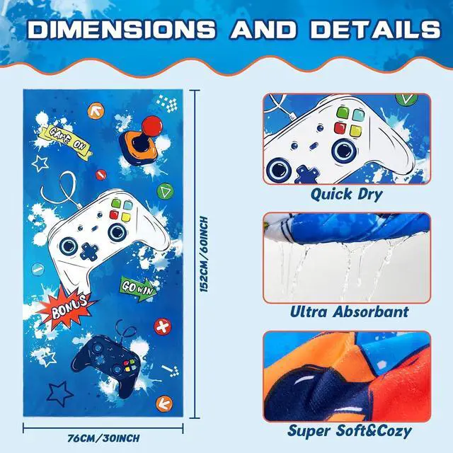 Alt view image 4 of 7 - WERNNSAI Game Kids Beach Towel for Boys, Quick Dry Swim Towel | 30"x 60Sand Free Microfiber Beach Towel for Kids, Personalized Toddler Pool Towel Bath Camping Travel Towel Beach Essentials