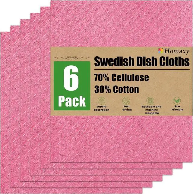 Main image of Homaxy Swedish Dishcloths for Kitchen, 6 Pack, Pink | Reusable and Washable Cellulose Sponge Cloths Dish Towels, Absorbent and No Odor Paper Towels for Dishes Counters