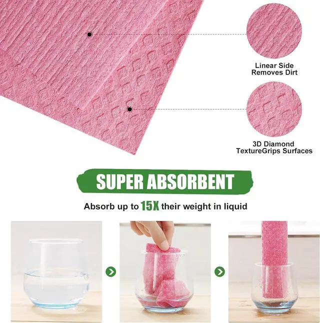 Alt view image 2 of 7 - Homaxy Swedish Dishcloths for Kitchen, 6 Pack, Pink | Reusable and Washable Cellulose Sponge Cloths Dish Towels, Absorbent and No Odor Paper Towels for Dishes Counters