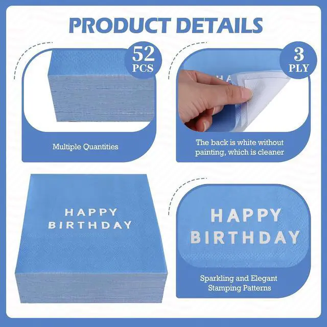 Alt view image 3 of 6 - Vuzvuv 52 Pcs Happy Birthday Party Cocktail Napkins-Blue | 5" Folded 3 Ply Birthday Party Dinner Hand Napkin,Disposable Paper Napkins, for Boy Men Table Decor Birthday Decoration