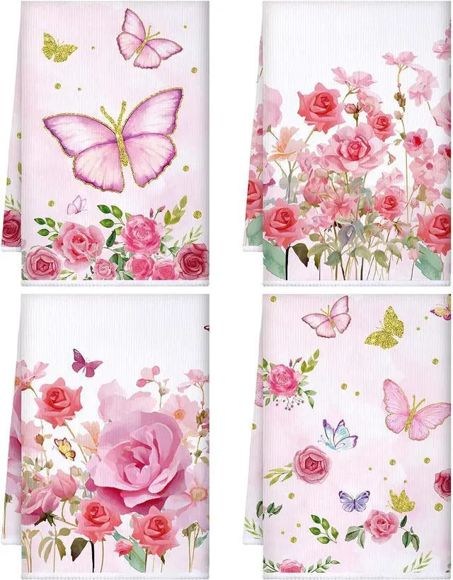 Main image of Bencailor 4 Pcs Pink Rose Kitchen Towels Butterfly Floral 16" x 24" | Absorbent Hand Dish Towels for Kitchen Bathroom, Rose Floral Design for Cooking Baking, Soft Tea Cloth, Housewarming Gift