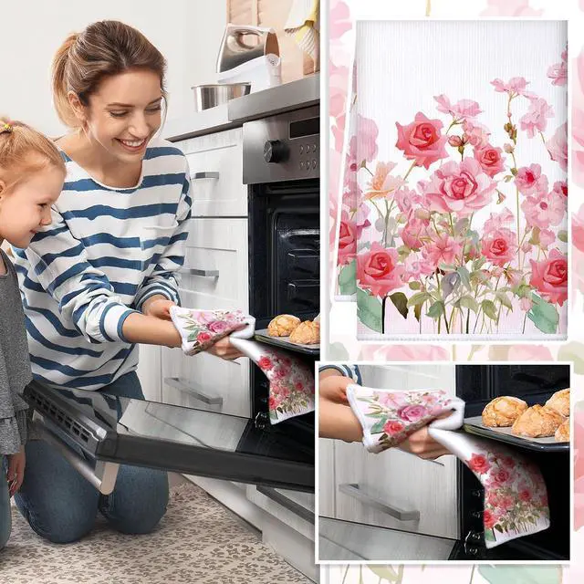 Alt view image 4 of 6 - Bencailor 4 Pcs Pink Rose Kitchen Towels Butterfly Floral 16" x 24" | Absorbent Hand Dish Towels for Kitchen Bathroom, Rose Floral Design for Cooking Baking, Soft Tea Cloth, Housewarming Gift