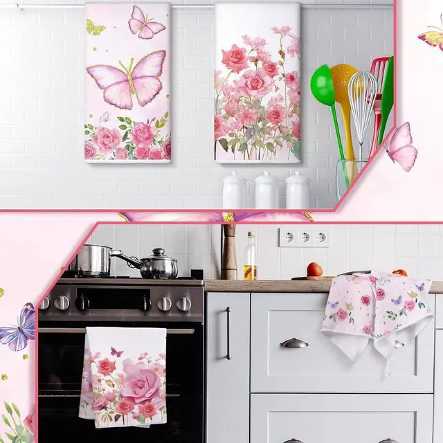Alt view image 5 of 6 - Bencailor 4 Pcs Pink Rose Kitchen Towels Butterfly Floral 16" x 24" | Absorbent Hand Dish Towels for Kitchen Bathroom, Rose Floral Design for Cooking Baking, Soft Tea Cloth, Housewarming Gift
