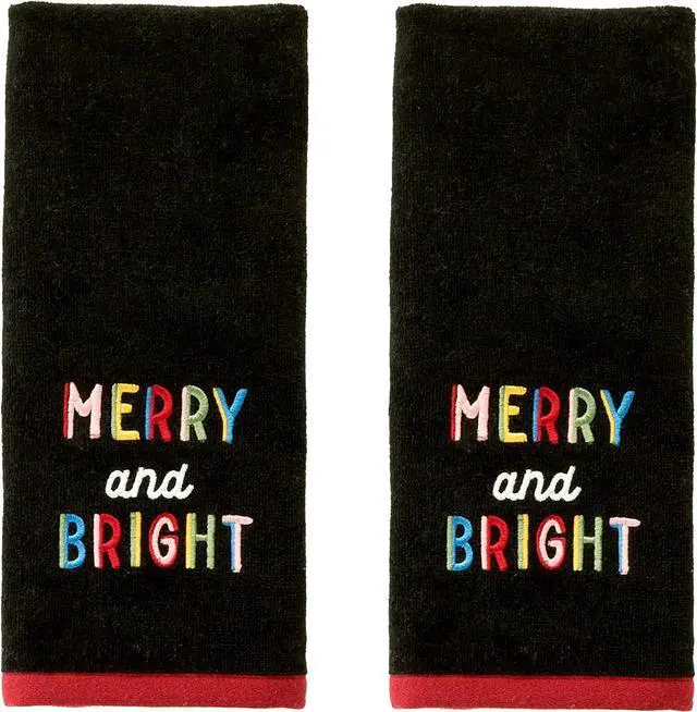 Main image of SKL Home Christmas Rainbow Merry Hand Towel Set-2pc, 100% Cotton, Black | Soft, embroidered velour. Great for the bathroom, kitchen or bar & holiday gifting.