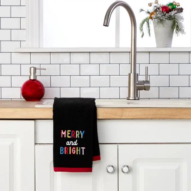 Alt view image 4 of 5 - SKL Home Christmas Rainbow Merry Hand Towel Set-2pc, 100% Cotton, Black | Soft, embroidered velour. Great for the bathroom, kitchen or bar & holiday gifting.