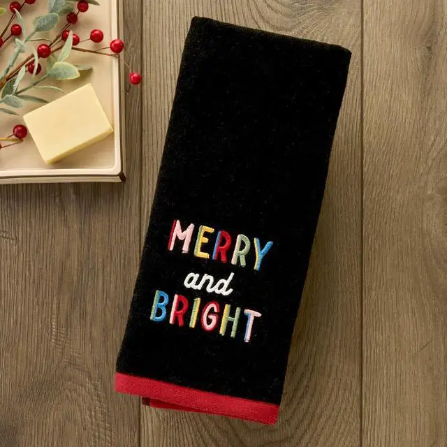 Alt view image 3 of 5 - SKL Home Christmas Rainbow Merry Hand Towel Set-2pc, 100% Cotton, Black | Soft, embroidered velour. Great for the bathroom, kitchen or bar & holiday gifting.