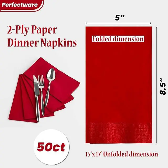 Alt view image 2 of 7 - Perfectware- 2 Ply Dinner Napkin Red- 50 CT Red 2 Ply"15 x 17" Paper Dinner Napkins - Pack of 50 CT. Ideal for Party., (PWRedDinnerNapkin-50CT)