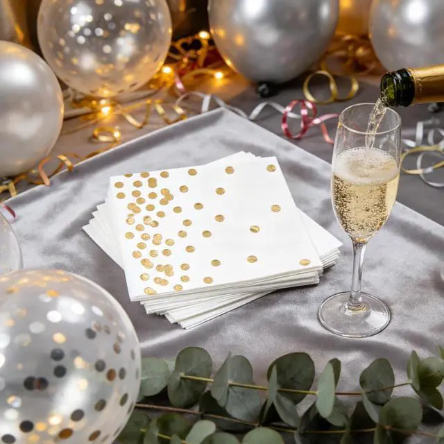 Alt view image 2 of 7 - 80 Pack of White Paper Cocktail Napkins with Gold Foil Polka Dot ConfettiPolka Dot Party Supplies(5 x 5 in3-ply) (gold)