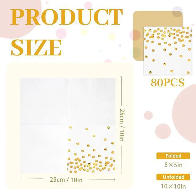 Alt view image 3 of 7 - 80 Pack of White Paper Cocktail Napkins with Gold Foil Polka Dot ConfettiPolka Dot Party Supplies(5 x 5 in3-ply) (gold)