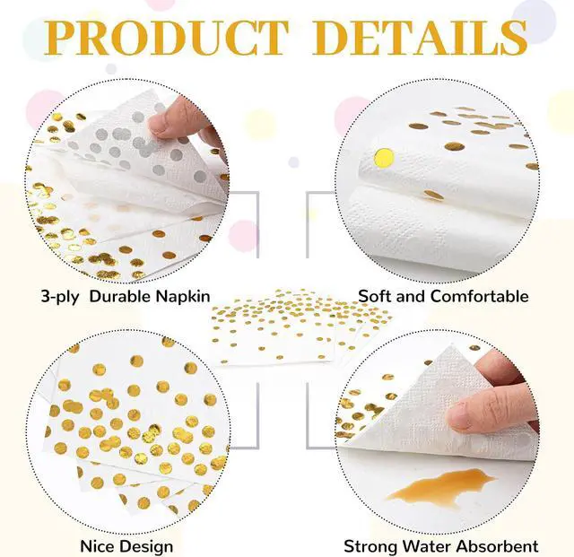 Alt view image 4 of 7 - 80 Pack of White Paper Cocktail Napkins with Gold Foil Polka Dot ConfettiPolka Dot Party Supplies(5 x 5 in3-ply) (gold)