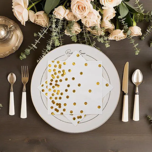 Alt view image 5 of 7 - 80 Pack of White Paper Cocktail Napkins with Gold Foil Polka Dot ConfettiPolka Dot Party Supplies(5 x 5 in3-ply) (gold)