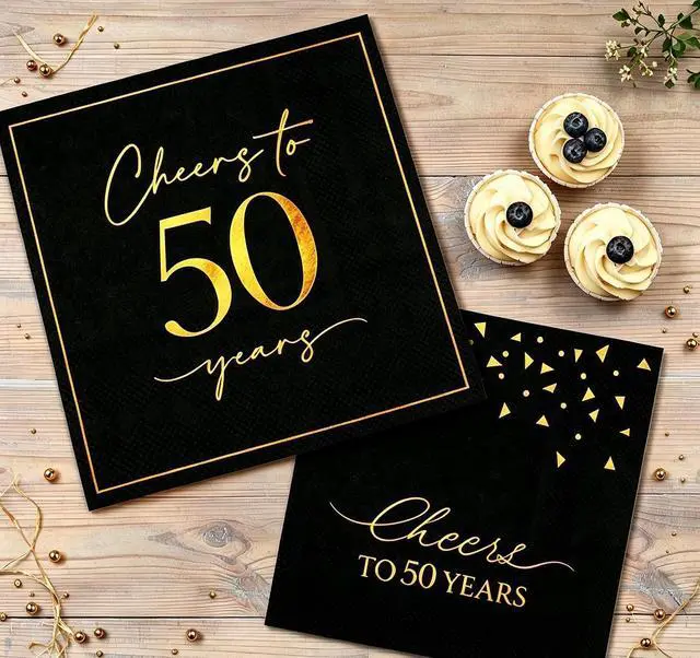 Main image of 50 Pack Cheers to 50 Years Cocktail Napkins - Black and Gold 50th Birthday Party Napkins, 5x5 Inch 2 Designs Beverage Napkins for Anniversary & Milestone Celebrations