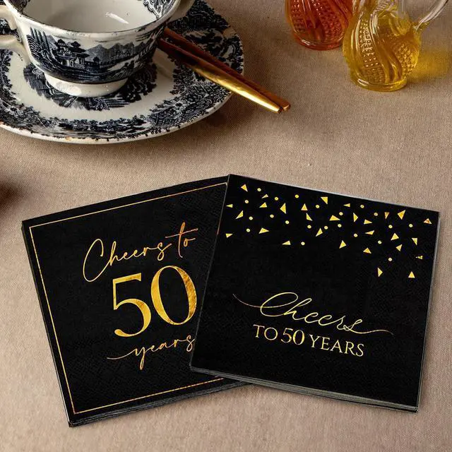 Alt view image 2 of 7 - 50 Pack Cheers to 50 Years Cocktail Napkins - Black and Gold 50th Birthday Party Napkins, 5x5 Inch 2 Designs Beverage Napkins for Anniversary & Milestone Celebrations
