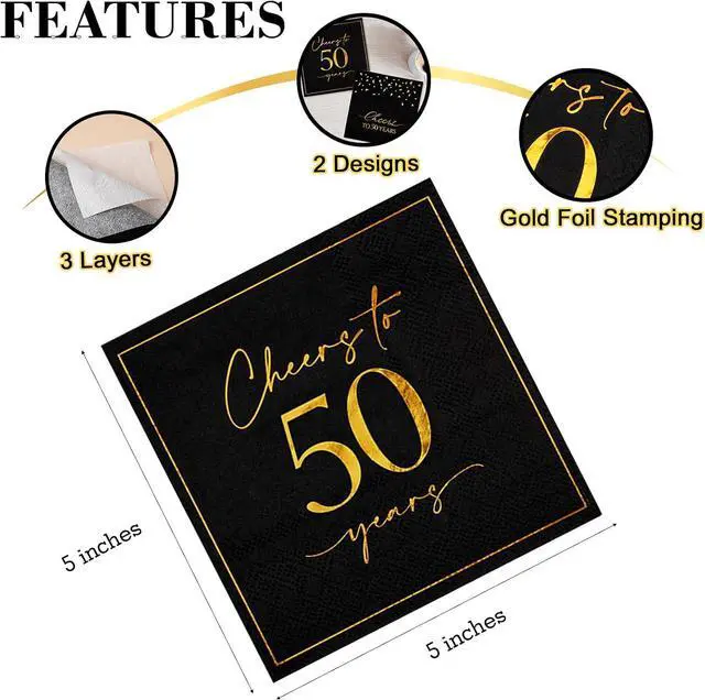 Alt view image 3 of 7 - 50 Pack Cheers to 50 Years Cocktail Napkins - Black and Gold 50th Birthday Party Napkins, 5x5 Inch 2 Designs Beverage Napkins for Anniversary & Milestone Celebrations
