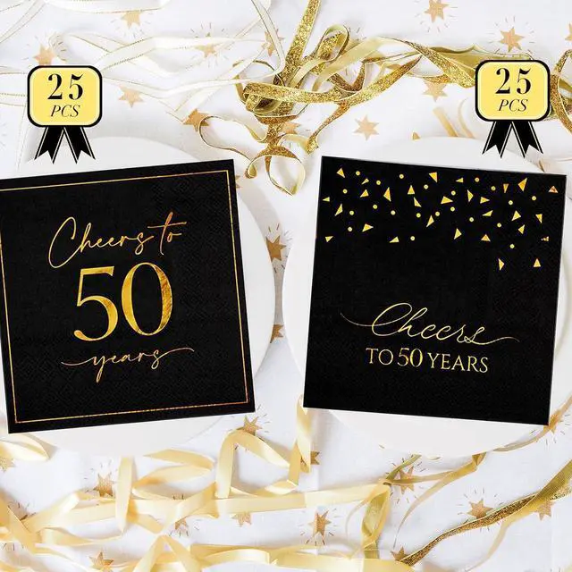 Alt view image 4 of 7 - 50 Pack Cheers to 50 Years Cocktail Napkins - Black and Gold 50th Birthday Party Napkins, 5x5 Inch 2 Designs Beverage Napkins for Anniversary & Milestone Celebrations
