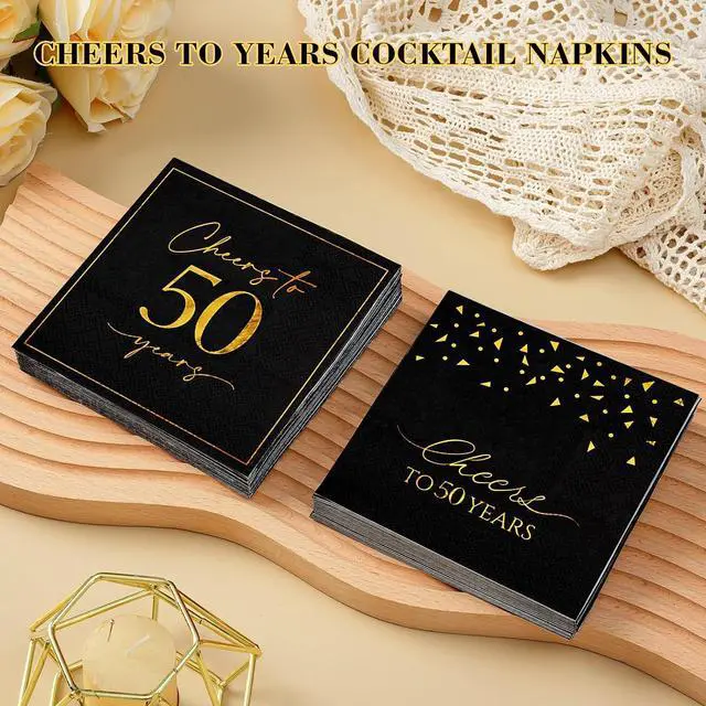 Alt view image 5 of 7 - 50 Pack Cheers to 50 Years Cocktail Napkins - Black and Gold 50th Birthday Party Napkins, 5x5 Inch 2 Designs Beverage Napkins for Anniversary & Milestone Celebrations