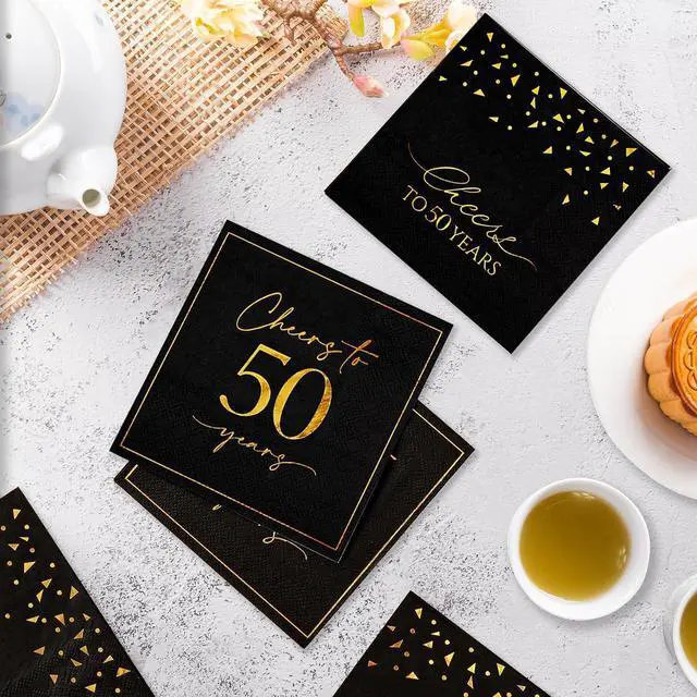 Alt view image 6 of 7 - 50 Pack Cheers to 50 Years Cocktail Napkins - Black and Gold 50th Birthday Party Napkins, 5x5 Inch 2 Designs Beverage Napkins for Anniversary & Milestone Celebrations