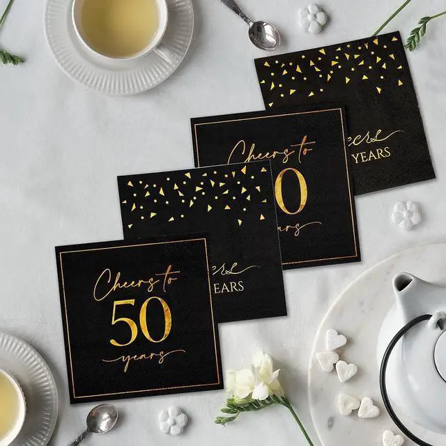Alt view image 7 of 7 - 50 Pack Cheers to 50 Years Cocktail Napkins - Black and Gold 50th Birthday Party Napkins, 5x5 Inch 2 Designs Beverage Napkins for Anniversary & Milestone Celebrations