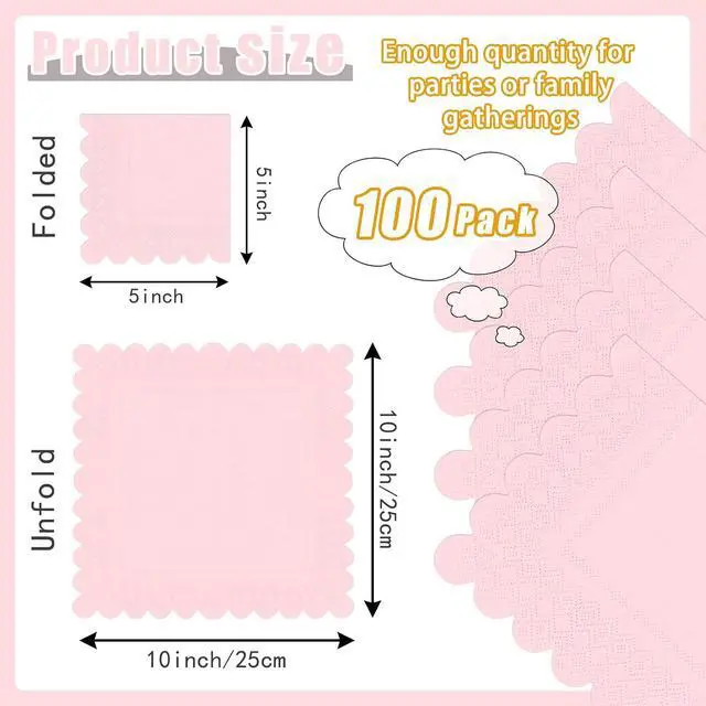 Alt view image 3 of 7 - 100 Pieces 2-Ply Light Pink Scalloped Napkins Folded 5 x 5 inch Disposable Cocktail Napkins Paper Napkins for Dinner Wedding Birthday Baby Shower Party Pink Beverage Napkins