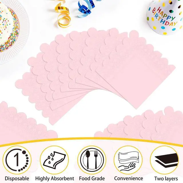 Alt view image 4 of 7 - 100 Pieces 2-Ply Light Pink Scalloped Napkins Folded 5 x 5 inch Disposable Cocktail Napkins Paper Napkins for Dinner Wedding Birthday Baby Shower Party Pink Beverage Napkins