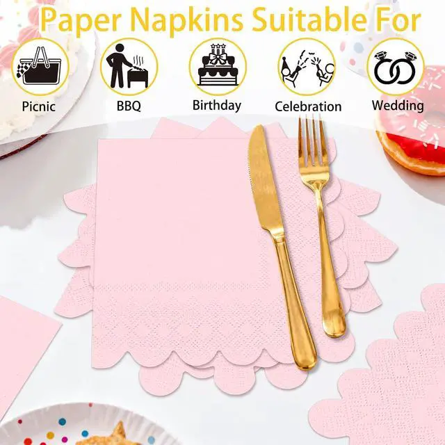 Alt view image 5 of 7 - 100 Pieces 2-Ply Light Pink Scalloped Napkins Folded 5 x 5 inch Disposable Cocktail Napkins Paper Napkins for Dinner Wedding Birthday Baby Shower Party Pink Beverage Napkins