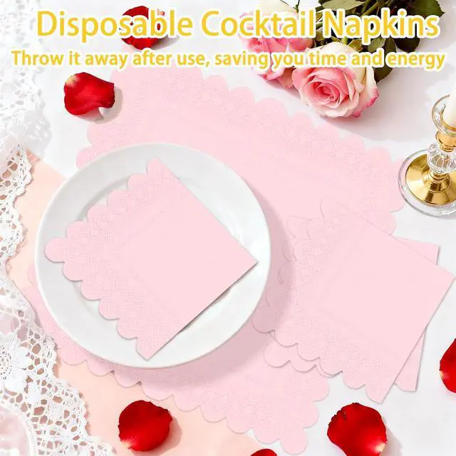 Alt view image 6 of 7 - 100 Pieces 2-Ply Light Pink Scalloped Napkins Folded 5 x 5 inch Disposable Cocktail Napkins Paper Napkins for Dinner Wedding Birthday Baby Shower Party Pink Beverage Napkins