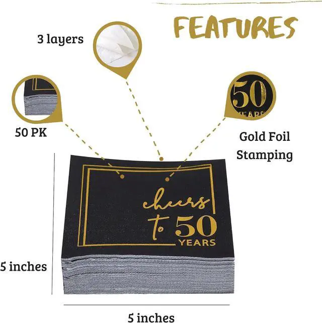 Alt view image 2 of 6 - Cheers to Years Cocktail Napkins - 50 PK - 3-Ply Birthday Napkins 5x5 Inches Disposable Party Napkins Beverage Paper Napkins or Birthday Decorations Wedding Anniversary Black and Gold (50 Years)