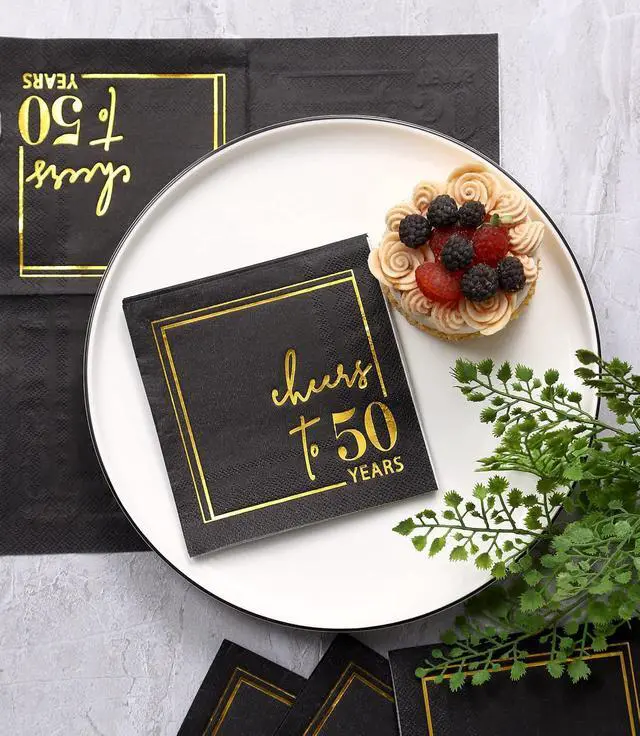 Alt view image 3 of 6 - Cheers to Years Cocktail Napkins - 50 PK - 3-Ply Birthday Napkins 5x5 Inches Disposable Party Napkins Beverage Paper Napkins or Birthday Decorations Wedding Anniversary Black and Gold (50 Years)