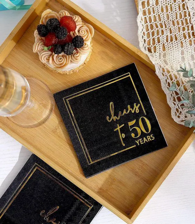 Alt view image 4 of 6 - Cheers to Years Cocktail Napkins - 50 PK - 3-Ply Birthday Napkins 5x5 Inches Disposable Party Napkins Beverage Paper Napkins or Birthday Decorations Wedding Anniversary Black and Gold (50 Years)