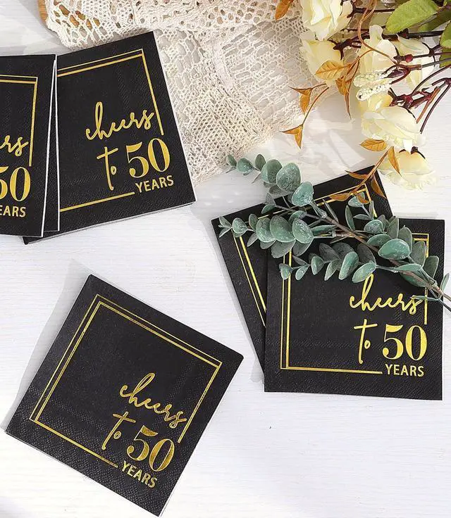 Alt view image 6 of 6 - Cheers to Years Cocktail Napkins - 50 PK - 3-Ply Birthday Napkins 5x5 Inches Disposable Party Napkins Beverage Paper Napkins or Birthday Decorations Wedding Anniversary Black and Gold (50 Years)